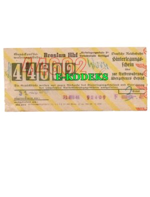 Kolejowy kwit bagażowy Breslau Hbf 1944 r. Deutsche Reichsbahn - Wrocław Główny Niemiecka Kolej Państwowa