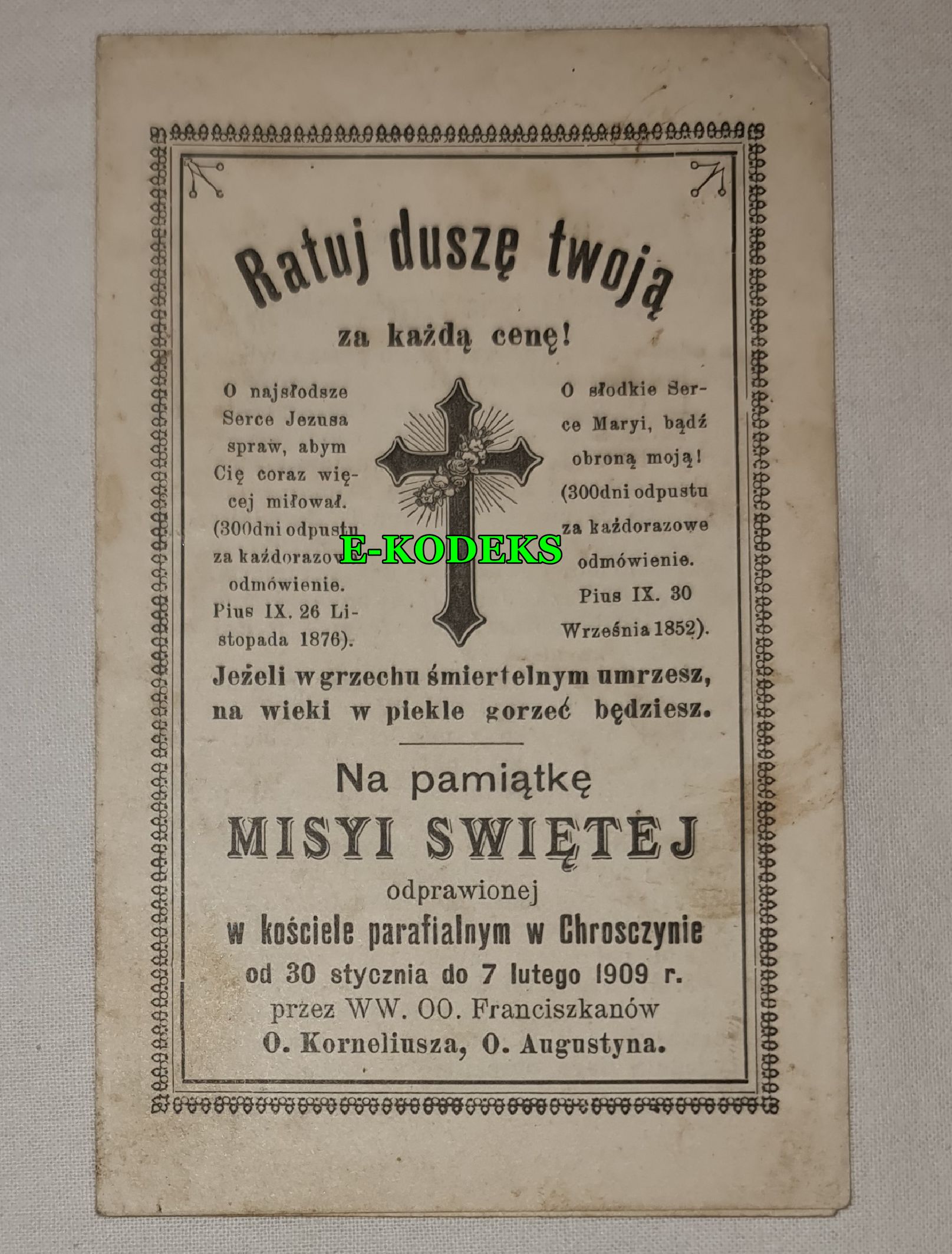 Chróścina pow. Opole Ratuj duszę twoją Misje Św. 1909 r. Franciszkanie - pamiątka