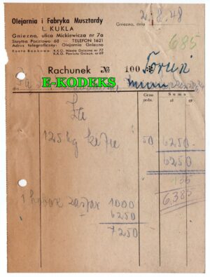 Gniezno 1948 r. Olejarnia i Fabryka Musztardy L. KUKLA - dokument nr 100