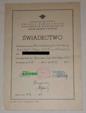 Świadectwo Związek Zawodowy Pracowników Kolejowych R.P. Kurs 1951 autograf Stanisław Stachacz