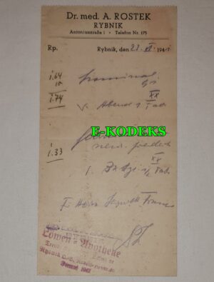Rybnik lekarz Augustyn Rostek Autograf 1941 Recepta Apteka