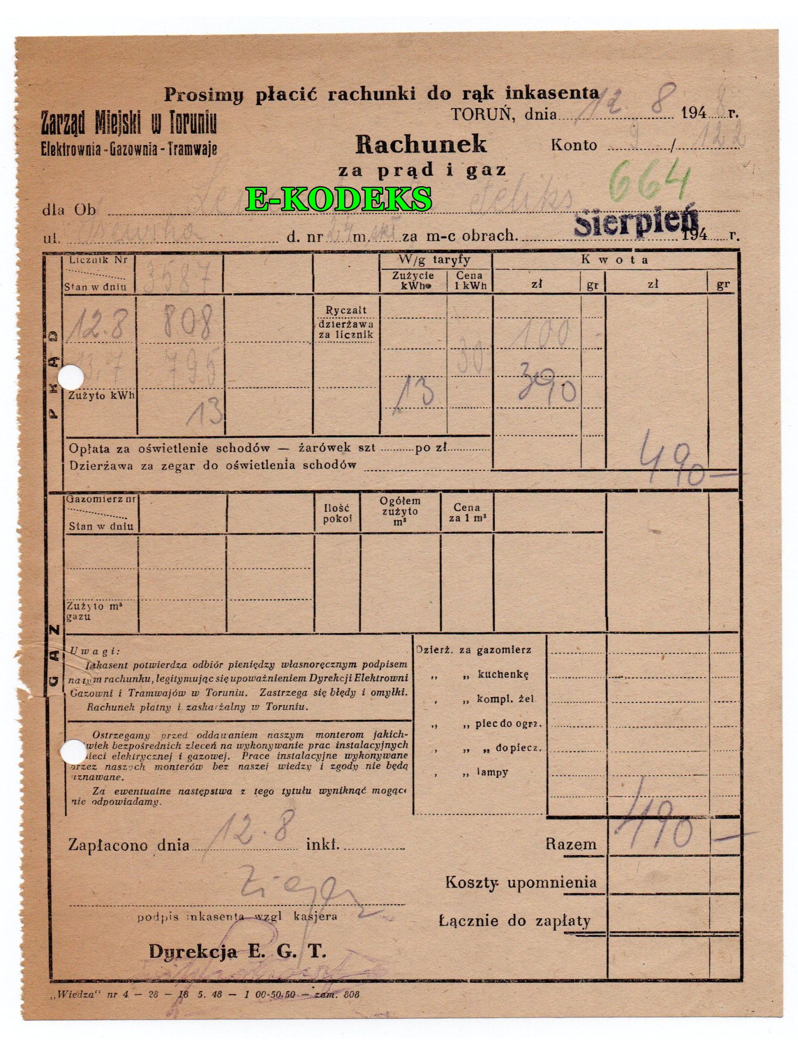 Toruń 1948 r. Zarząd Miejski Elektrownia - Gazownia - Tramwaje - dokument