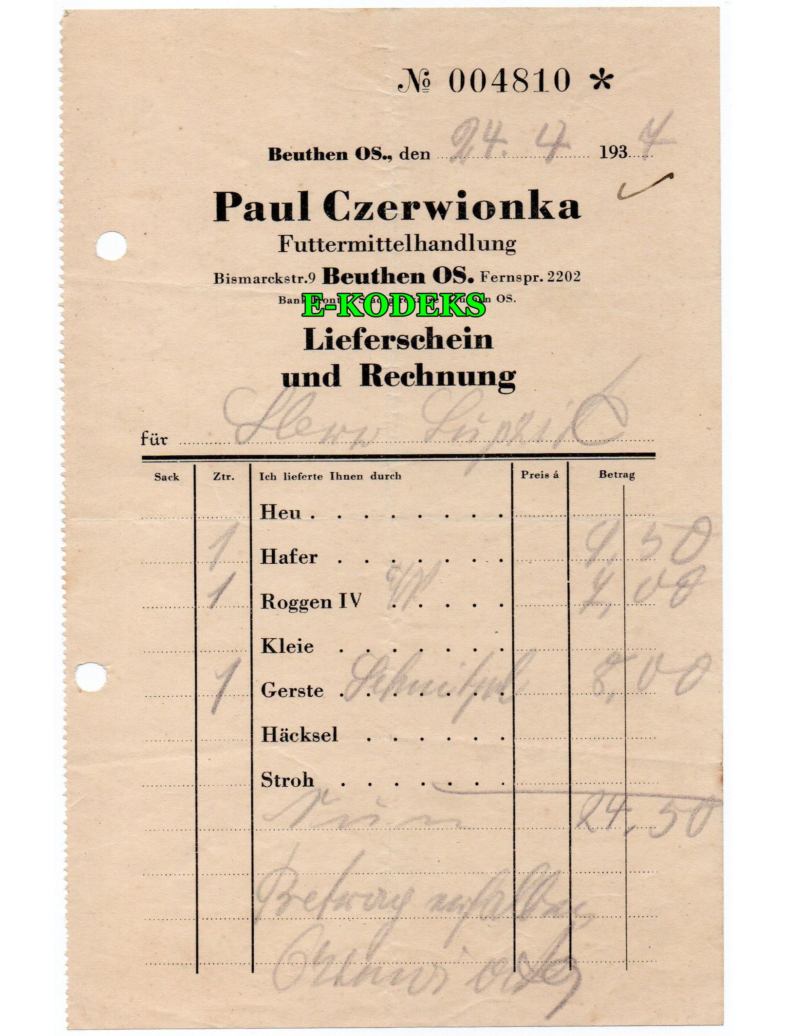 Beuthen O.-S. Paul Czerwionka Skład pasz 1937 / Bytom Handel paszami