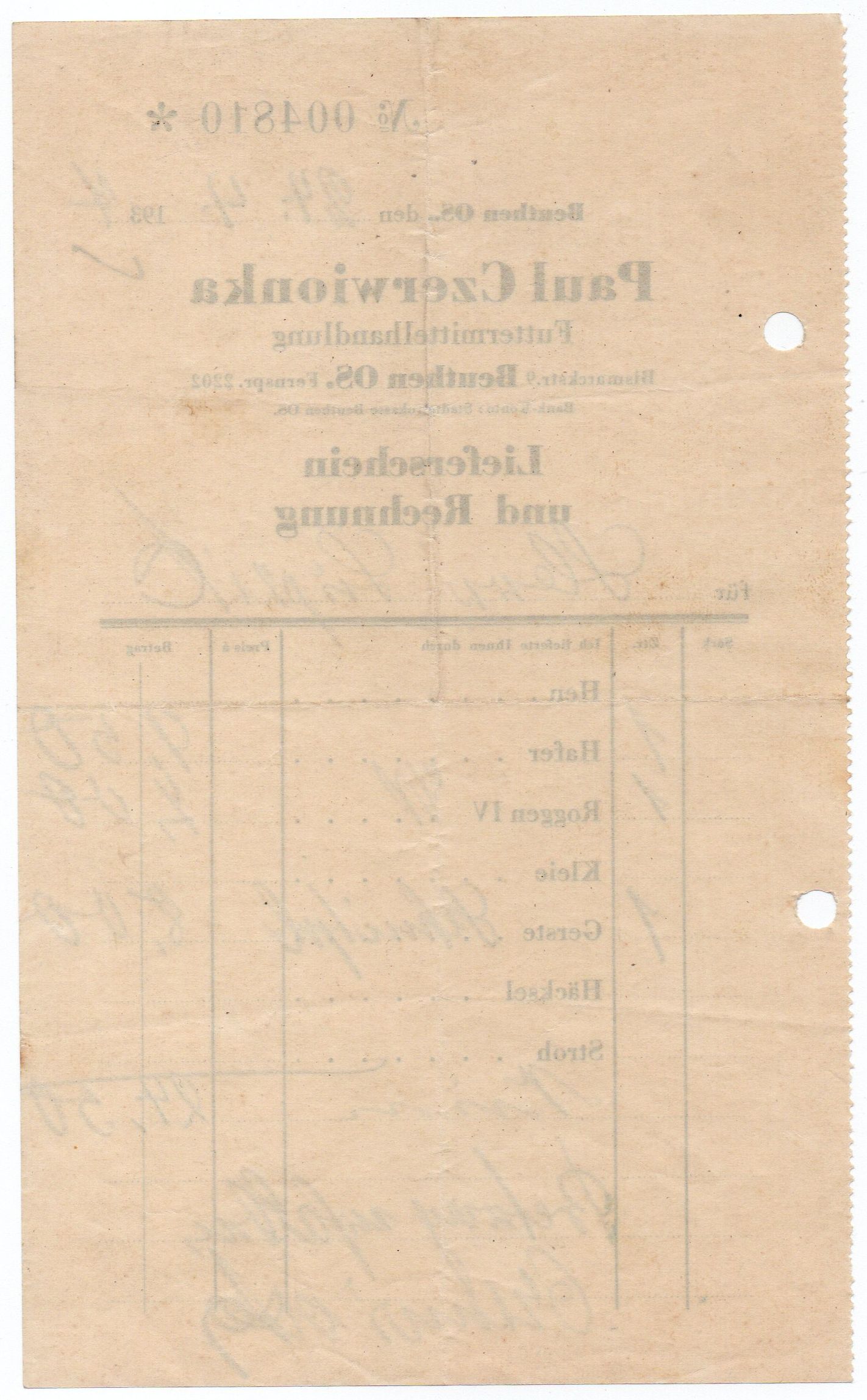 Beuthen O.-S. Paul Czerwionka Skład pasz 1937 / Bytom Handel paszami