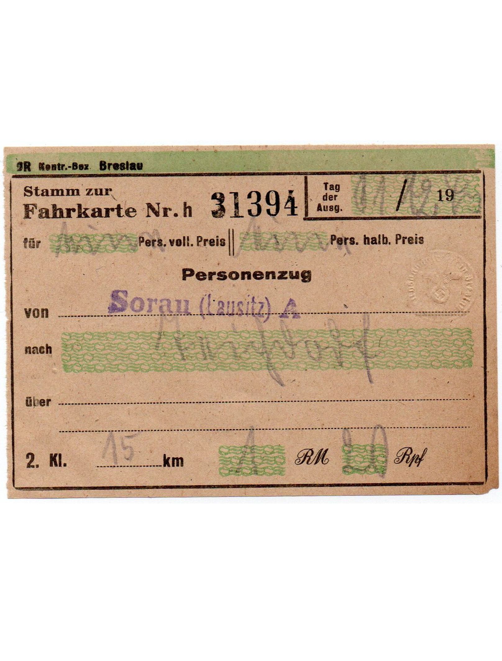 Stacja kolejowa Sorau (Lausitz) 1943 Reichsbahndirektion Breslau / Żary (Łużyce) Dyrekcja Kolei Rzeszy Wrocław - bilet na pociąg osobowy