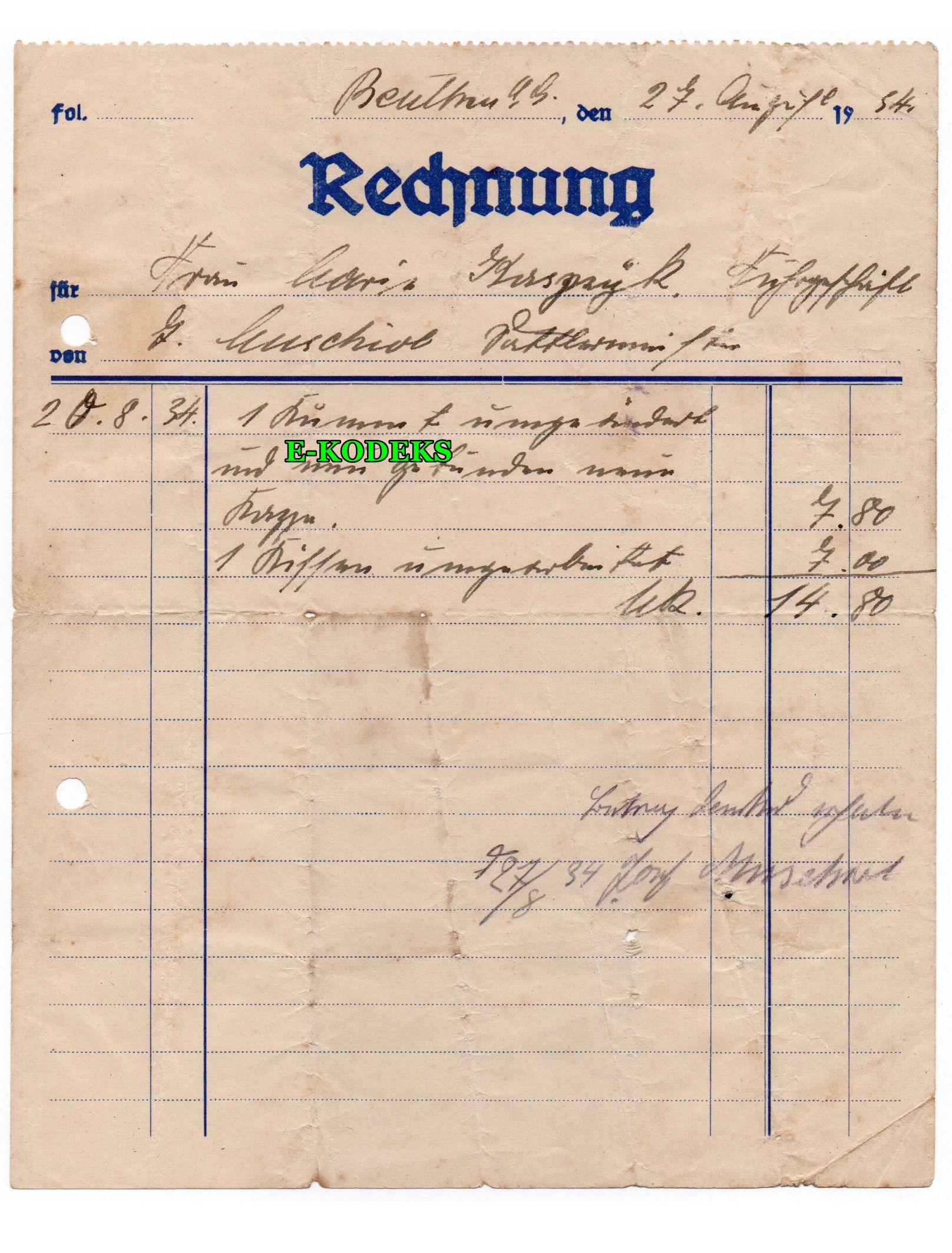 Beuthen O.-S. Sattlermeister J. Muschiol 1934 / Bytom Mistrz Siodlarski - rzemiosło - siodlarstwo - rymarstwo - konie