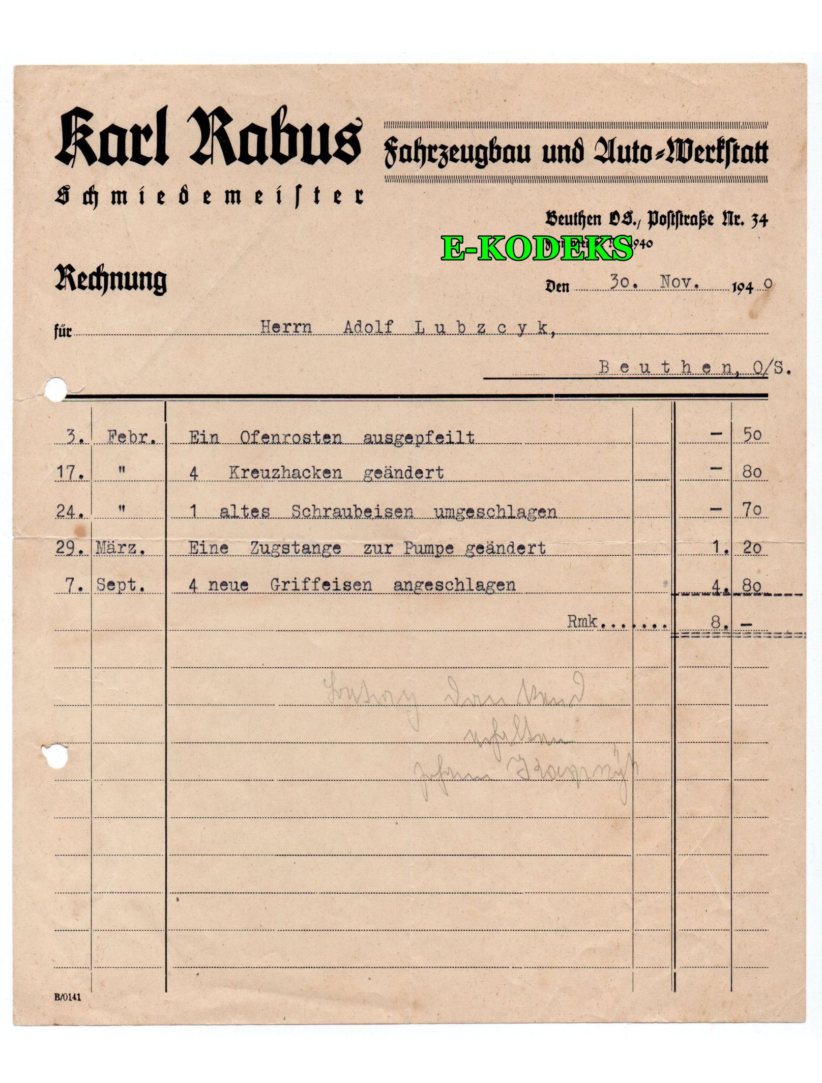 Beuthen O.S. Karl Rabus 1940 Kowal Budowa pojazdów Auto-naprawa / Bytom Mistrz Kowalski Warsztat samochodowy
