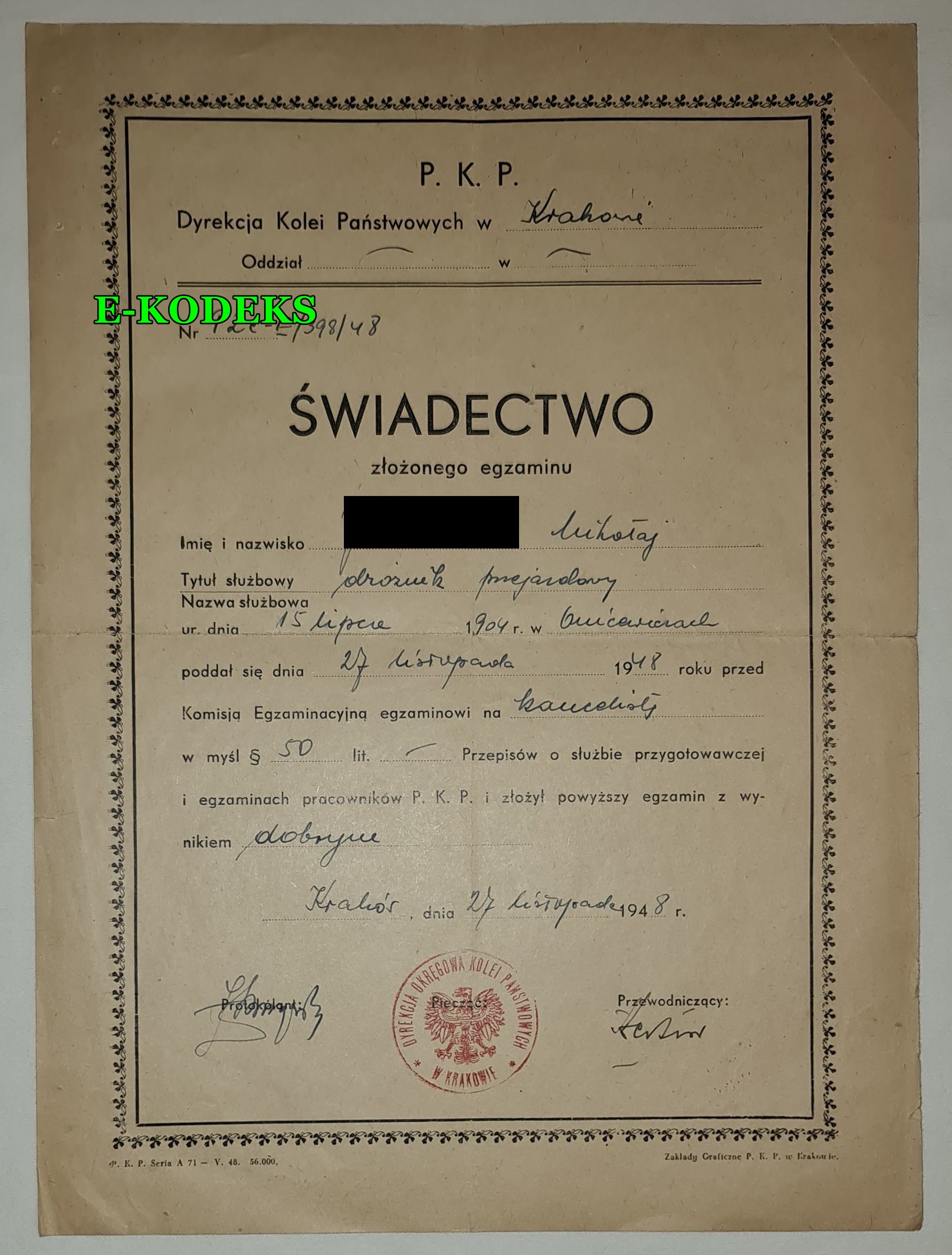 Świadectwo kolejowe P.K.P. D.O.K.P. Kraków 1948 - kolejarz - dróżnik przejazdowy