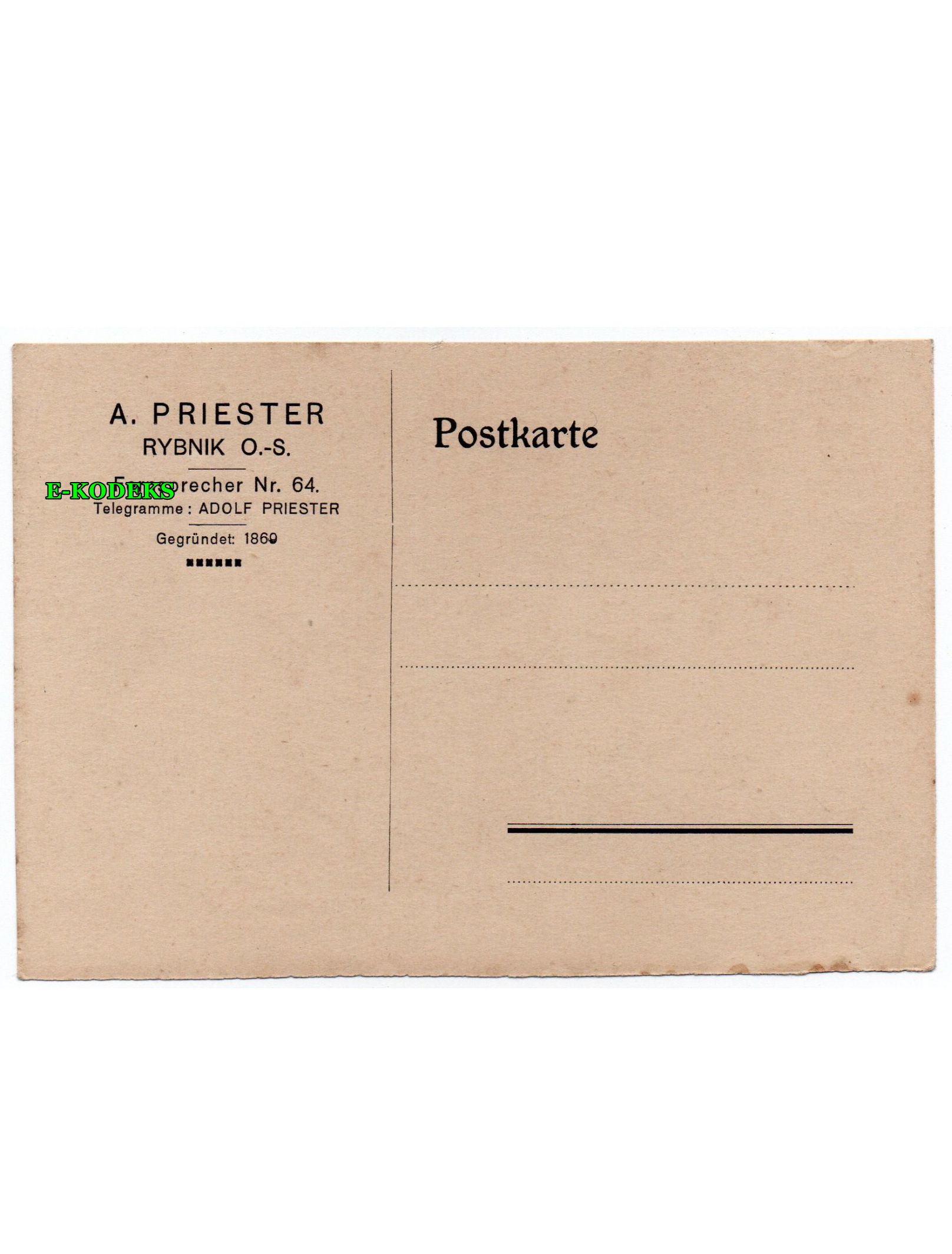 A. Priester Rybnik Postkarte - Karta pocztowa firmowa - Judaika - Żydzi Górnośląscy