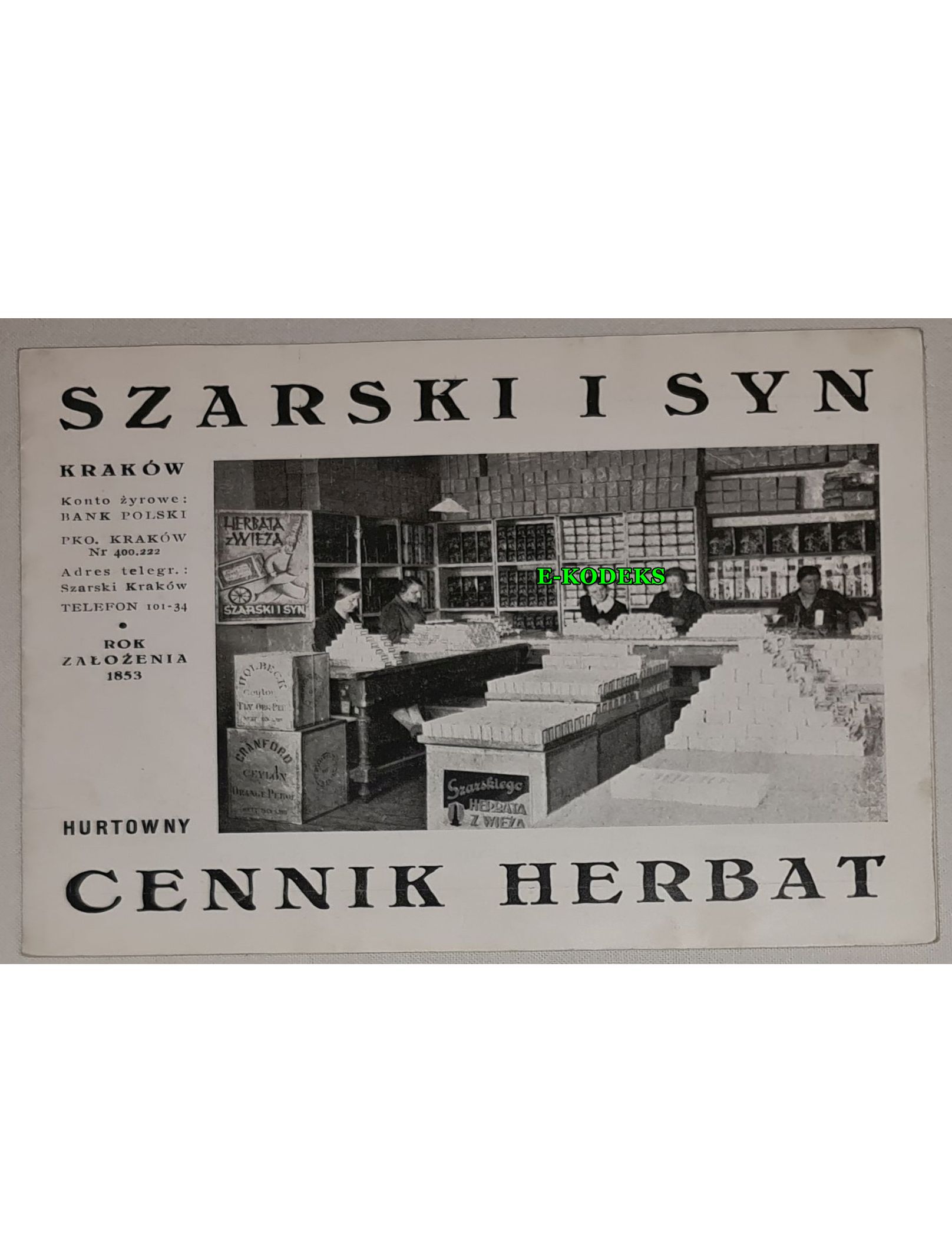 SZARSKI I SYN Kraków Hurtowny cennik herbat - reklama - Judaika - Żydzi