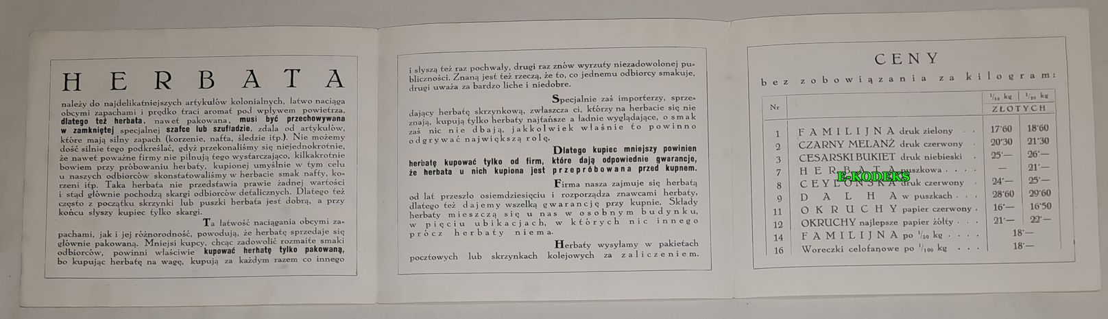 SZARSKI I SYN Kraków Hurtowny cennik herbat - reklama - Judaika - Żydzi
