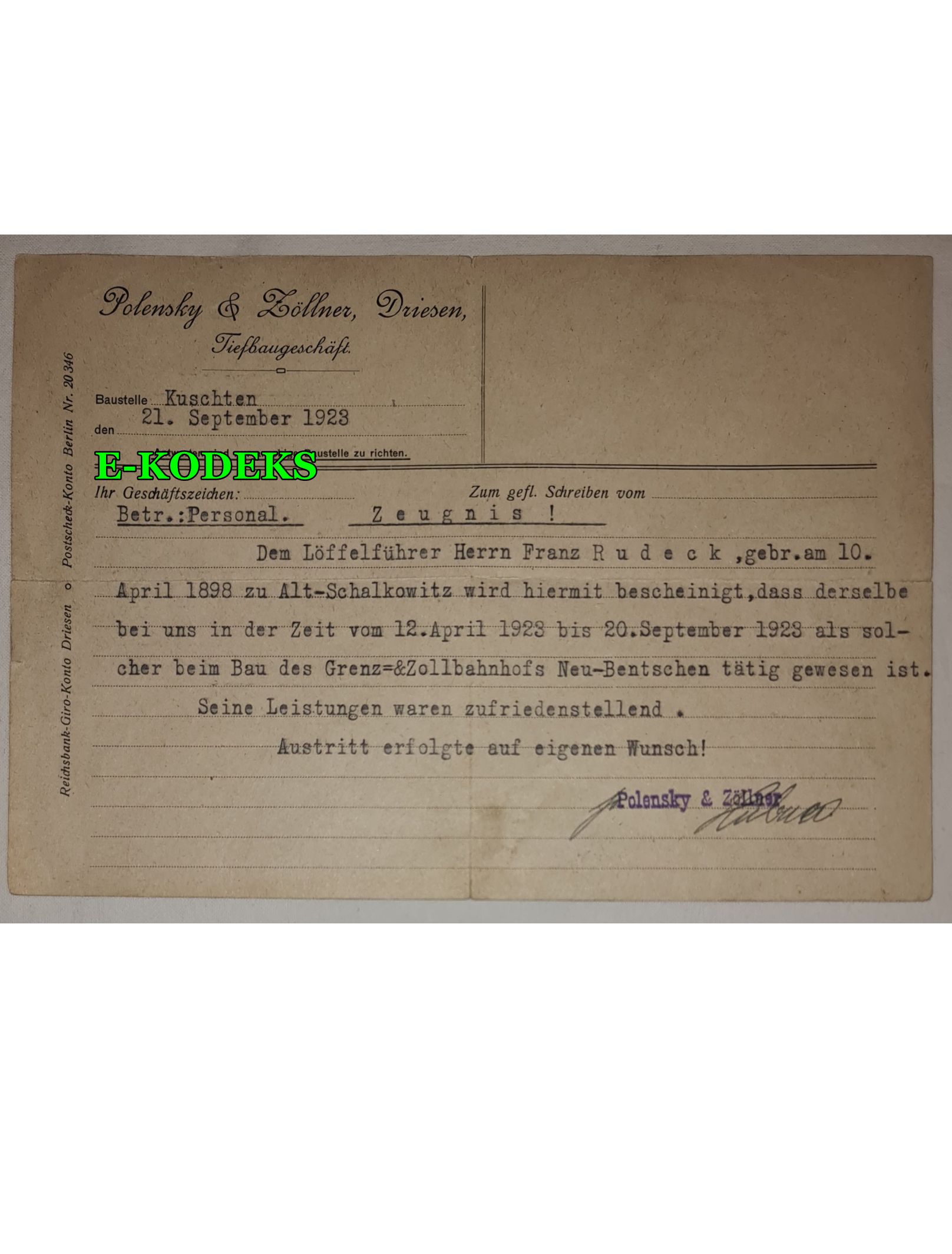Firma Polensky & Zöllner Driesen Drezdenko 1923 r. Budowa stacji kolejowej i urzędu celnego Neu-Bentschen Zbąszynek - Ziemia Lubuska