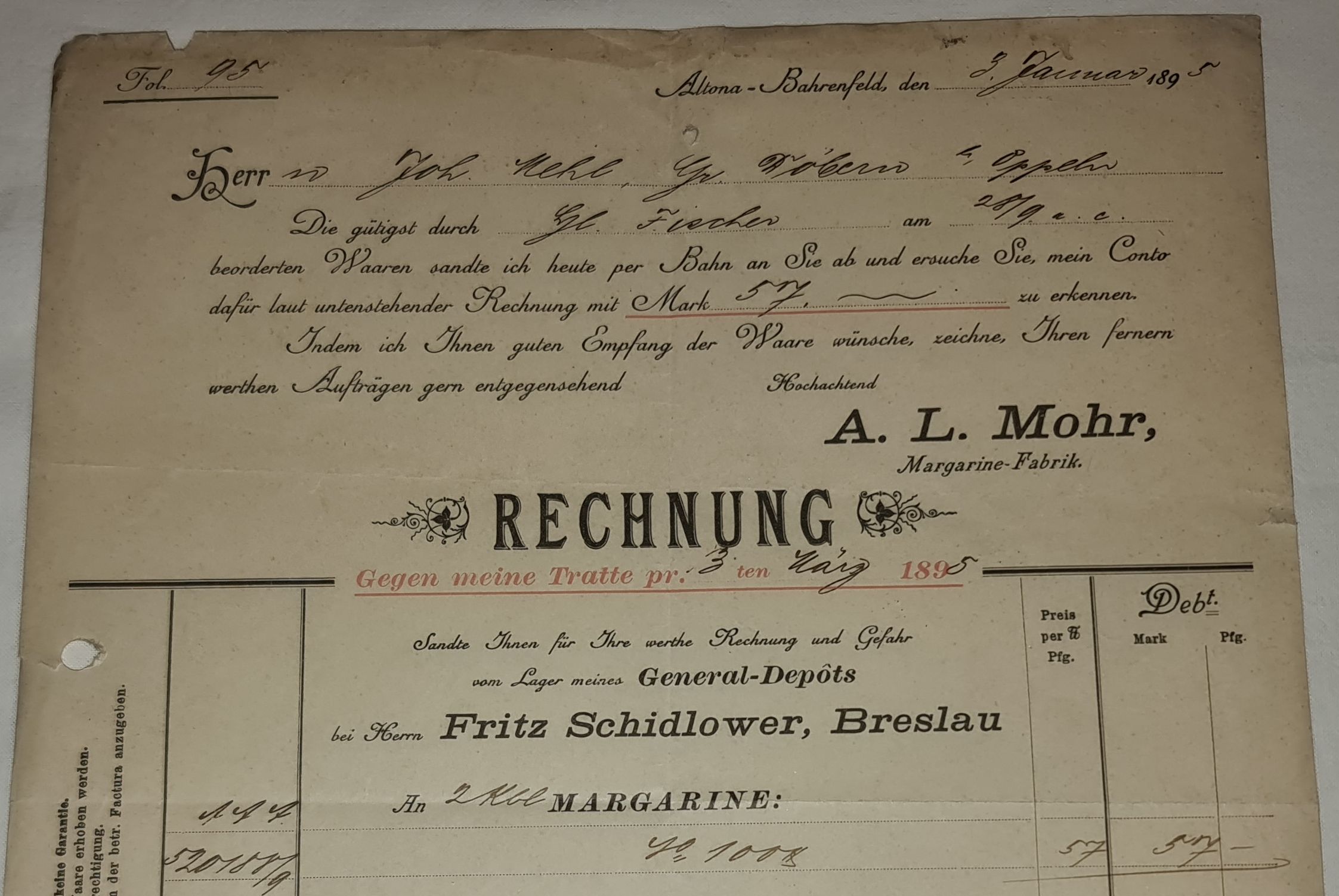 Dokument XIX w. Fritz Schidlower Breslau Wrocław A. L. Mohr margaryna Śląsk Żydzi Mason