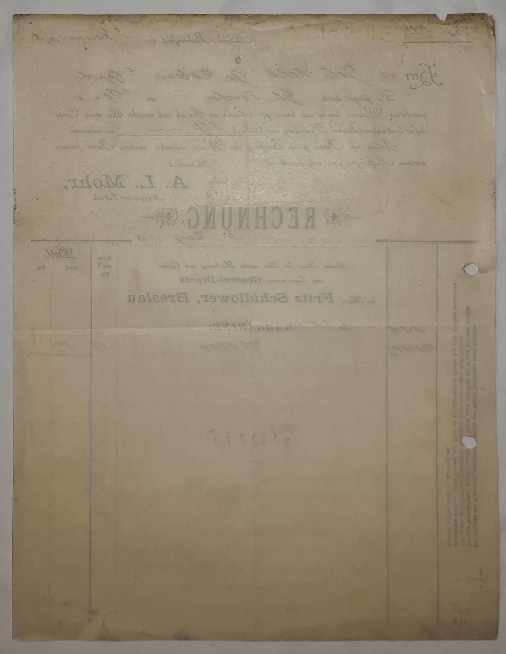 Dokument XIX w. Fritz Schidlower Breslau Wrocław A. L. Mohr margaryna Śląsk Żydzi Mason