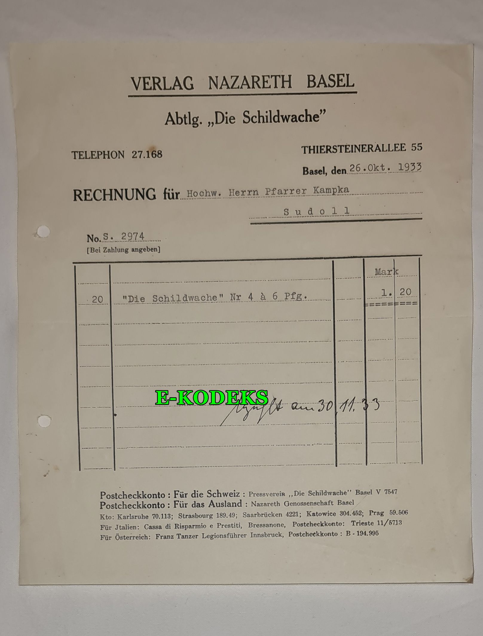 Sudoll Kr. Ratibor Parafia ks. Kampka 1933 Bazylea Szwajcaria / Sudół pow. Racibórz